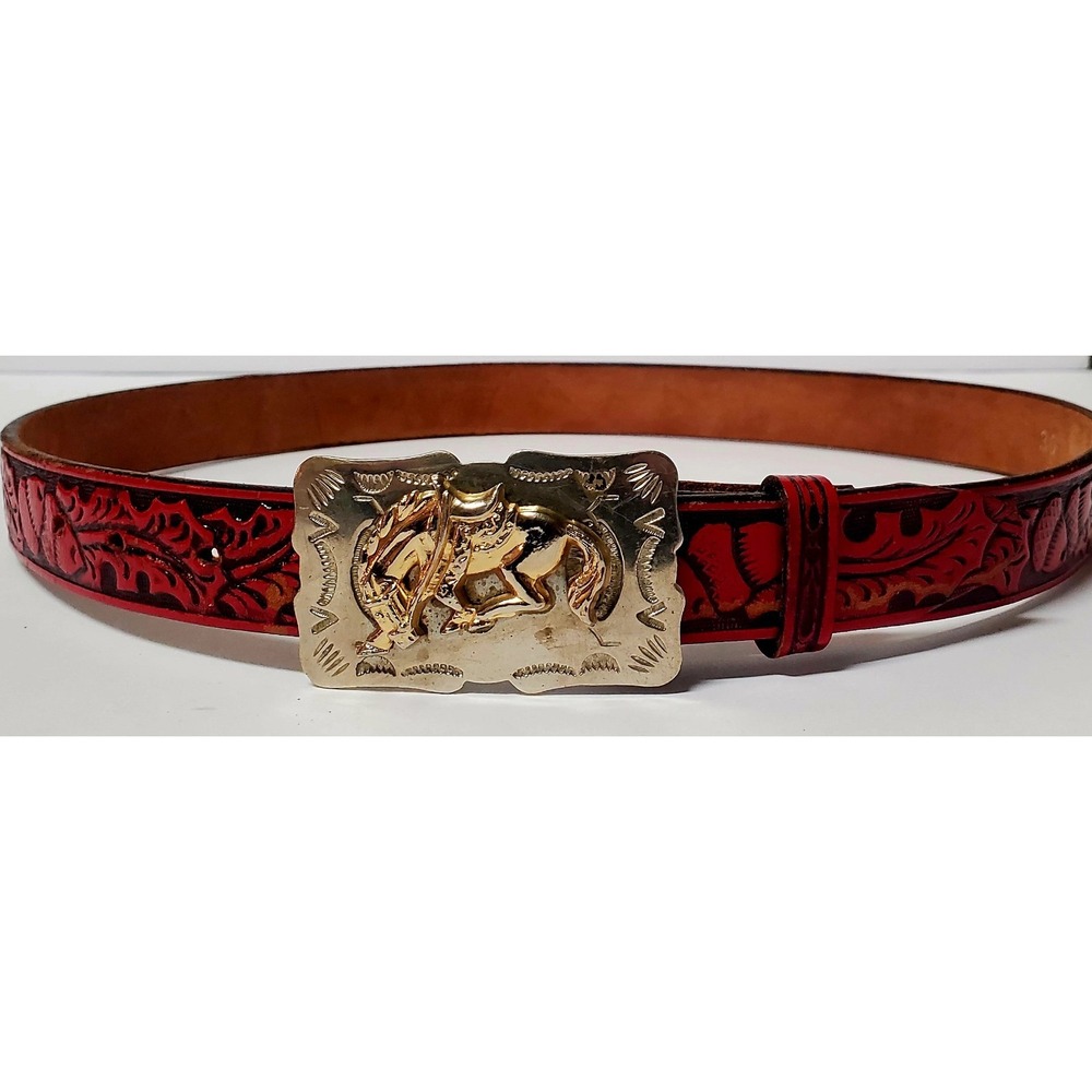 VTG Tex Tan Belt Western 30 Red Tool Steerhide Acorn Nickel Silver Bronco Buckle